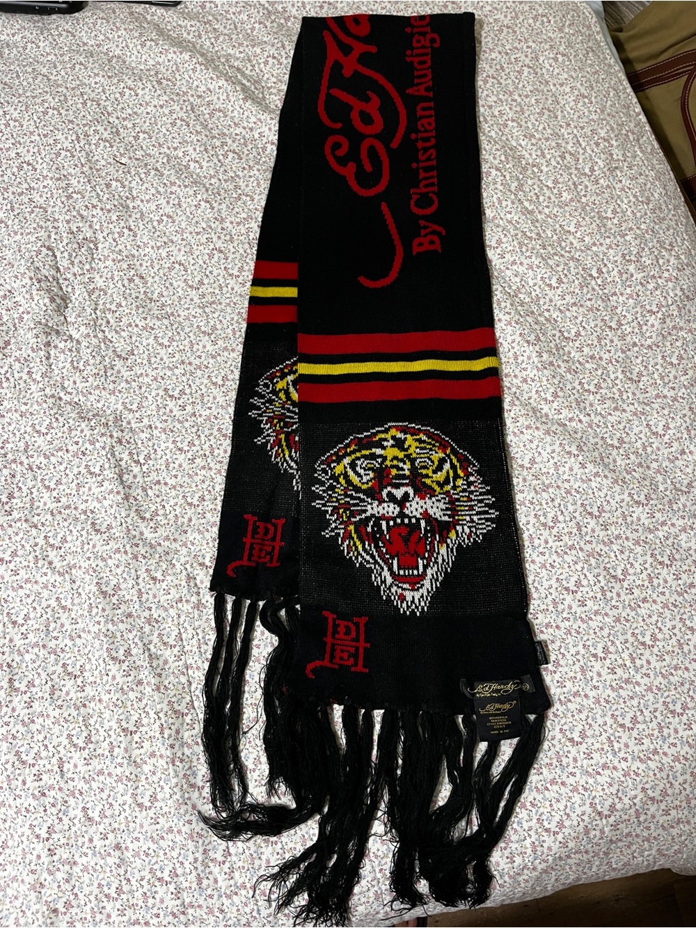 Ed Hardy by Christian Audigier Black Red Yellow Tiger Logo Knit Scarf